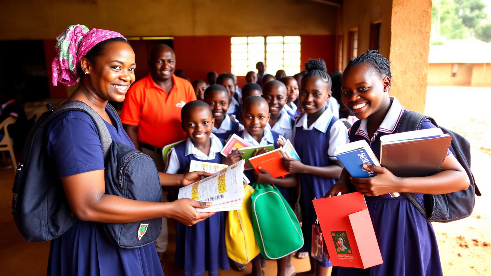 Volunteers distributing school supplies to children